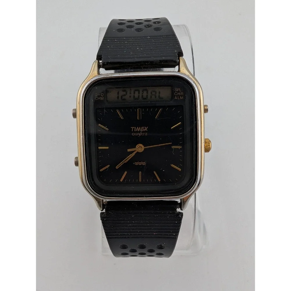 Timex K Cell Ana-Digital Men's Watch 31mm Gold Case Black Band- New Battery